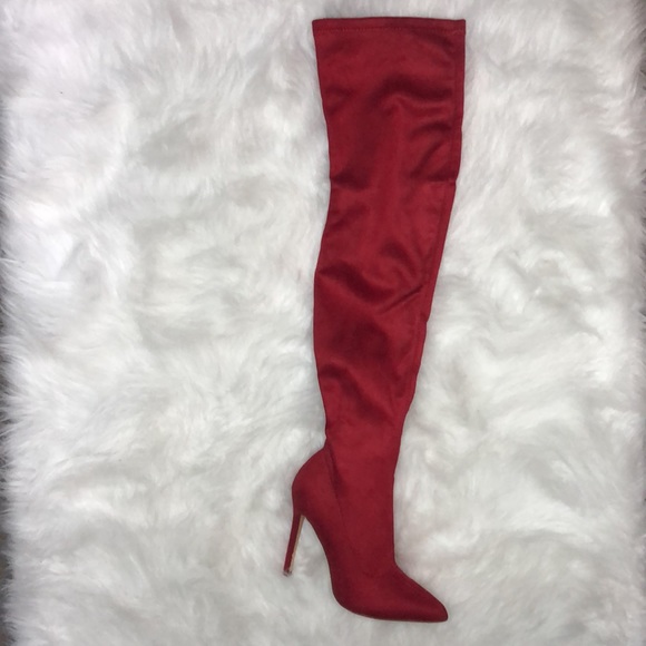 Red Velvet Thigh High Boots - Picture 3 of 5